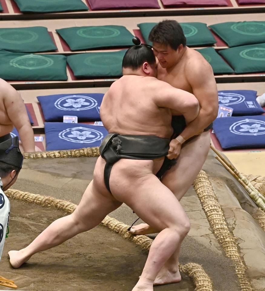 旭富士に寄り切られる大森（右）＝撮影・持木克友