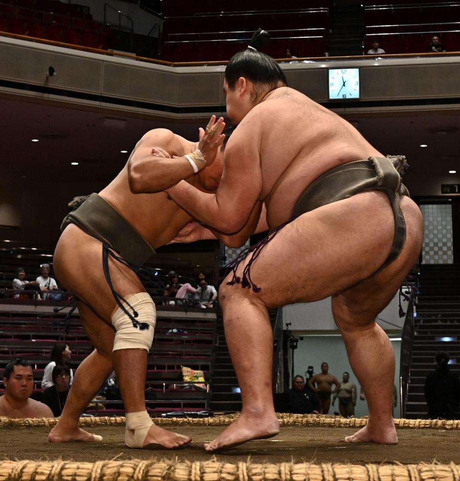 安芸錦（左）を押し倒しで破った朝阪神（撮影・持木克友）