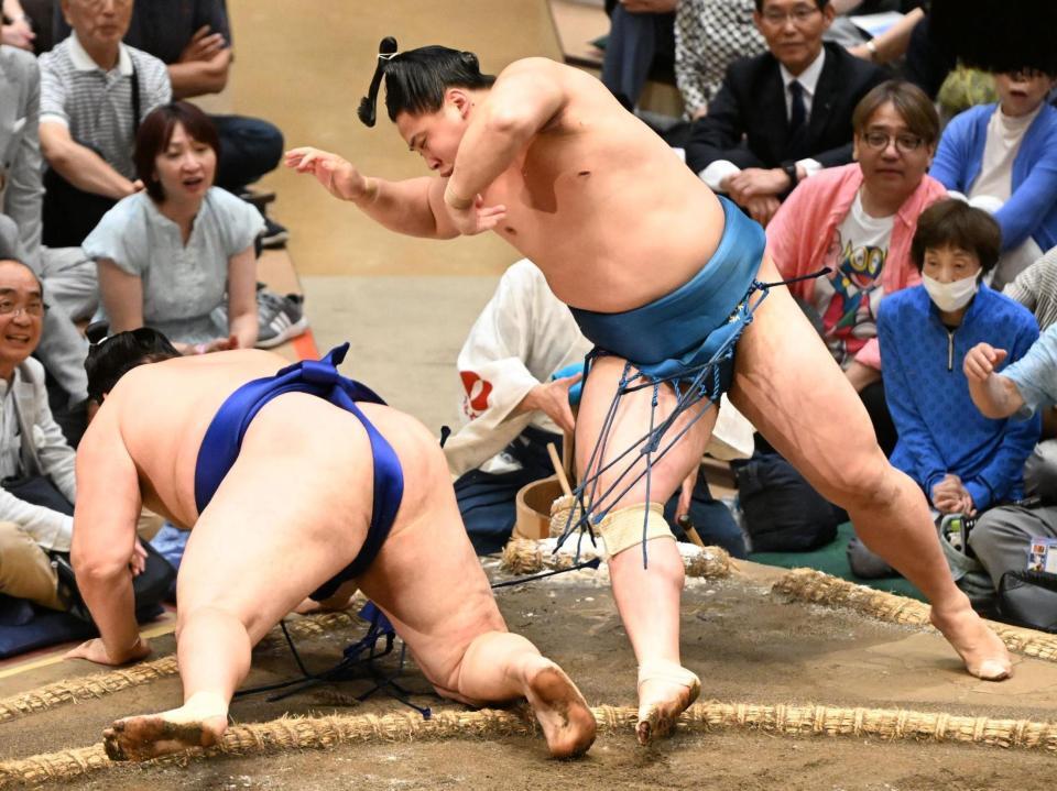 琴栄峰（右）は送り投げで欧勝馬を破る