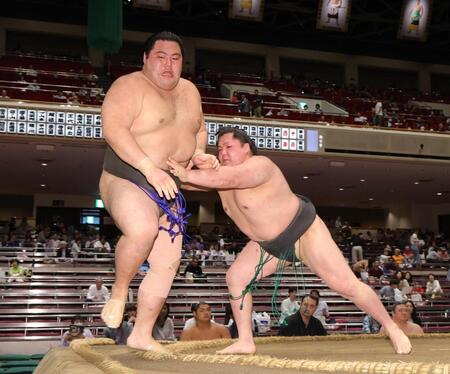 時天嵐に押し出される海真（左）＝撮影・石井剣太郎