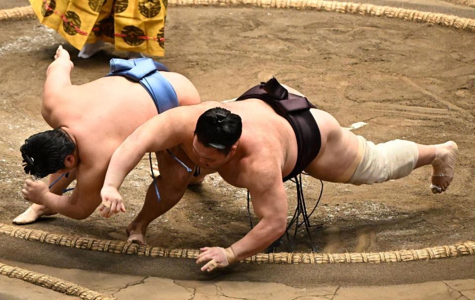 翔猿（左）に敗れた朝乃山＝２０日