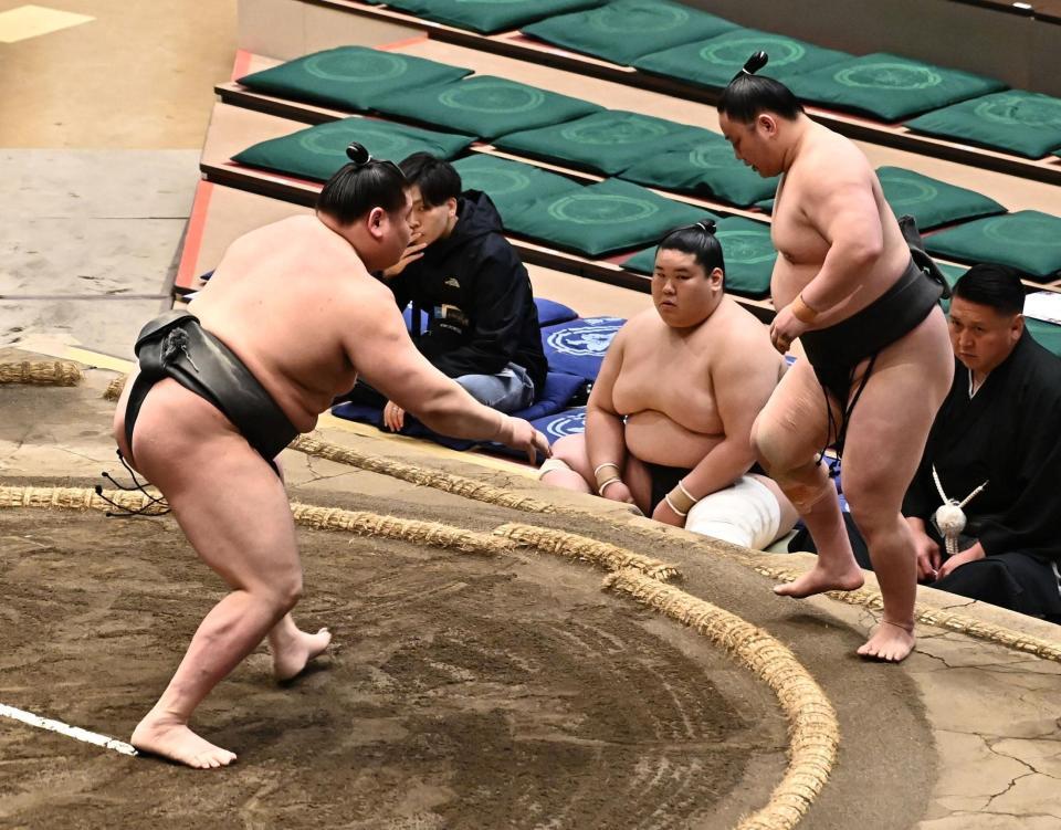 旭富士（左）の押し出しに敗れた三田（撮影・持木克友）