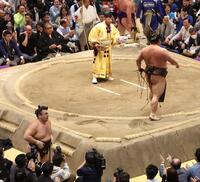 伯乃富士（右）に寄り倒しで敗れた霧島