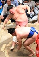 宇良（奥）は突き落としで藤ノ川を破る（撮影・柿森英典）