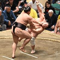 宇良（右）を押し倒しで破った霧島（撮影・開出牧）