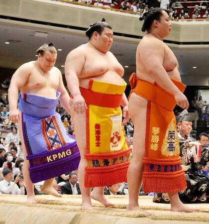 幕内土俵入りに参加した安青錦（左）＝両国国技館
