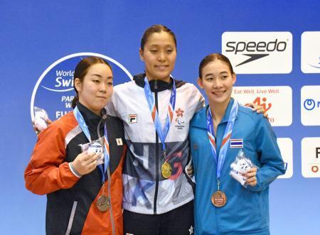 　表彰式でポーズをとる女子２００メートル個人メドレーで２位の木下あいら（左）＝静岡県立水泳場