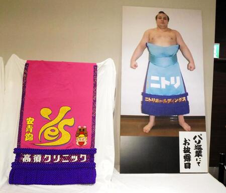 会場に展示された安青錦の化粧まわし＝都内