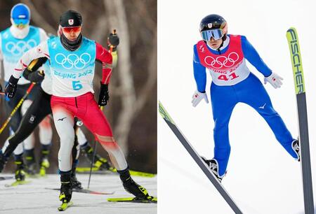 北京冬季五輪のノルディックスキー複合男子個人ラージヒルで銅メダルを獲得した渡部暁斗の前半飛躍（右）と後半距離＝２０２２年２月、張家口（共同）