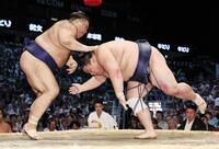 藤凌駕（右）がはたき込みで高安に敗れる