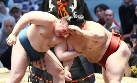 隆の勝（右）を攻める安青錦。押し出しで下す