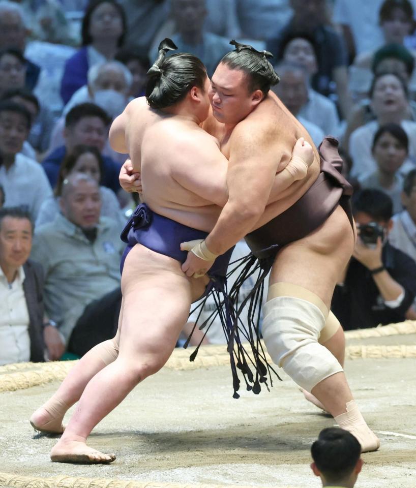 藤青雲を攻める朝乃山（右）。寄り切りで破る
