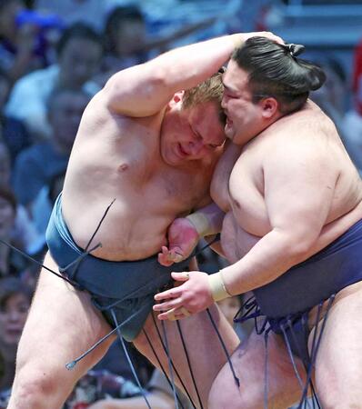 豪ノ山を攻める安青錦（左）。寄り切りで下す