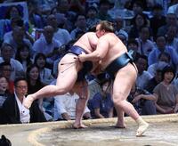 豪ノ山（左）を寄り切る安青錦（撮影・佐々木彰尚）