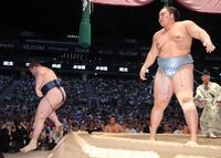 琴勝峰（右）に敗れた安青錦（撮影・佐々木彰尚）
