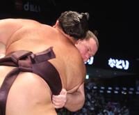 朝乃山（手前）を攻める獅司（撮影・佐々木彰尚）