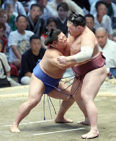 錦富士（右）を攻める藤ノ川。寄り切りで下す