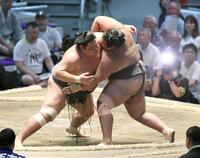 錦木（左）が寄り切りで生田目を下す