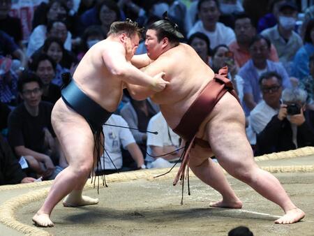 安青錦を攻める熱海富士（右）。押し出しで破る