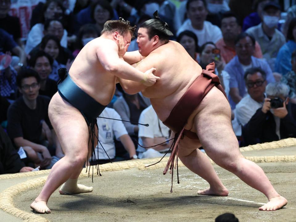 安青錦を攻める熱海富士（右）。押し出しで破る