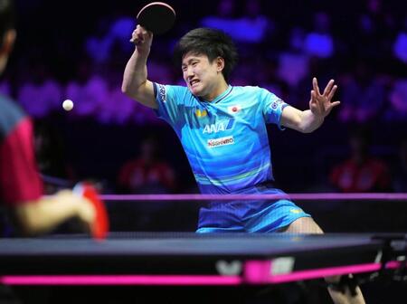 男子シングルス決勝でプレーする張本智和