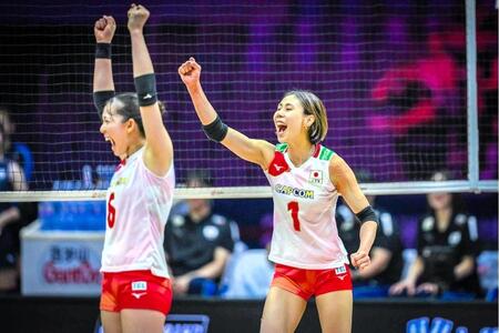 得点が決まり喜ぶ和田（右）と関（左）　©Ｖｏｌｌｅｙｂａｌｌ　Ｗｏｒｌｄ