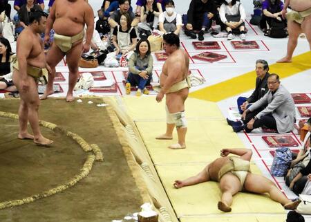ぶつかり稽古で勢い余って土俵下に転がり落ちて大の字になる朝白龍