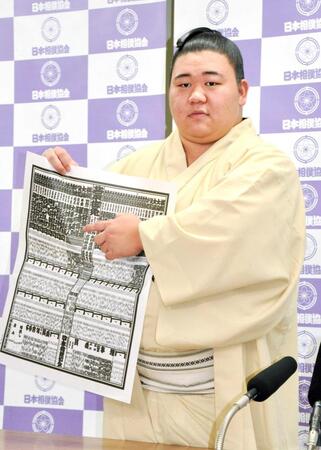 大相撲秋場所の番付表を手にする新関脇の藤ノ川