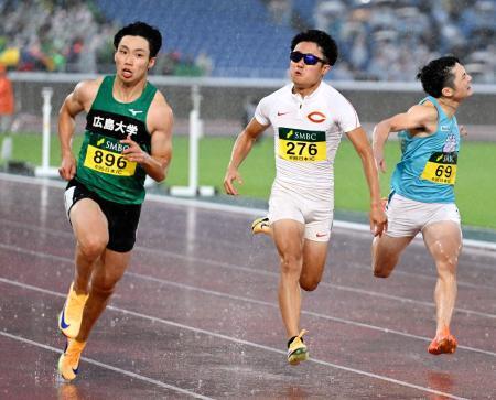 　男子１００メートル決勝　ゴールする山本匠真（左）＝日産スタジアム