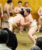 琴桜（左）に左を差して攻める大の里