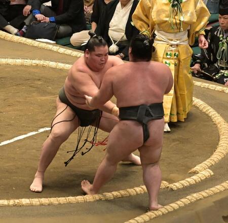 日向丸（右）を寄り切りで破った旭富士（撮影・持木克友）