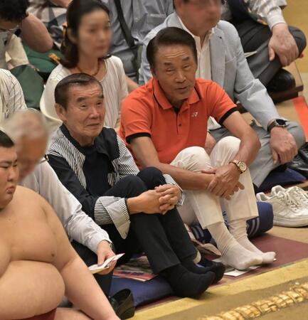 観戦するおぼんと青空球児・好児の好児（撮影・持木克友）　※写真の一部を加工しています