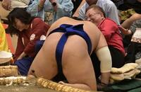 隆の勝に押し出された欧勝馬が高須克弥氏と西原理恵子さんの所に落ちる（撮影・持木克友）