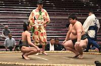 前相撲で松の里（右）と対戦する新道（撮影・開出牧）