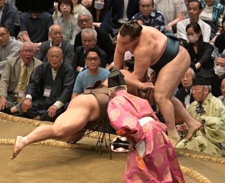 伯乃富士（左）の押し出しに敗れた安青錦（撮影・持木克友）