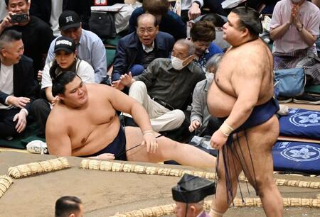 大の里（左）は突き倒しで高安に敗れる