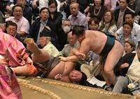 伯乃富士（左）の押し出しに敗れた安青錦（撮影・持木克友）