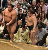 伯乃富士（左）の押し出しに敗れた安青錦（撮影・持木克友）