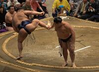 高安（左）の突きでバランスを失う大の里（撮影・持木克友）