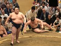 安青錦（右）を押し倒しで破った豪ノ山（撮影・持木克友）