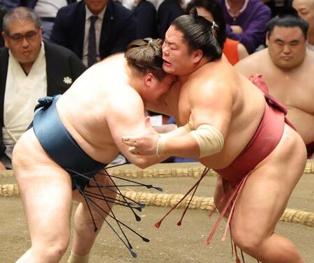 大栄翔（右）を攻める安青錦（撮影・吉澤敬太）
