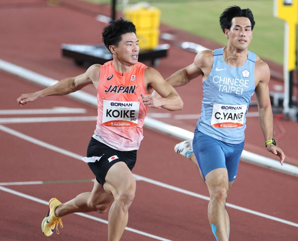 男子１００メートル準決勝でゴールする小池祐貴（左）＝撮影・中田匡峻