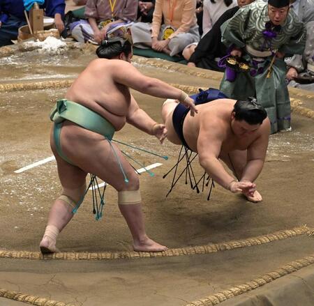 琴桜（左）の突き落としに敗れた大の里（撮影・持木克友）