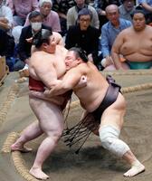 　朝乃山（右）が熱海富士を寄り切る