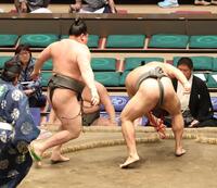 豪刀雄（右）を突き落としで破る旭富士