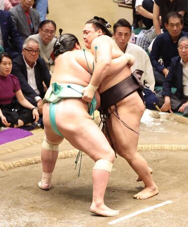 琴櫻（左）を攻める霧島