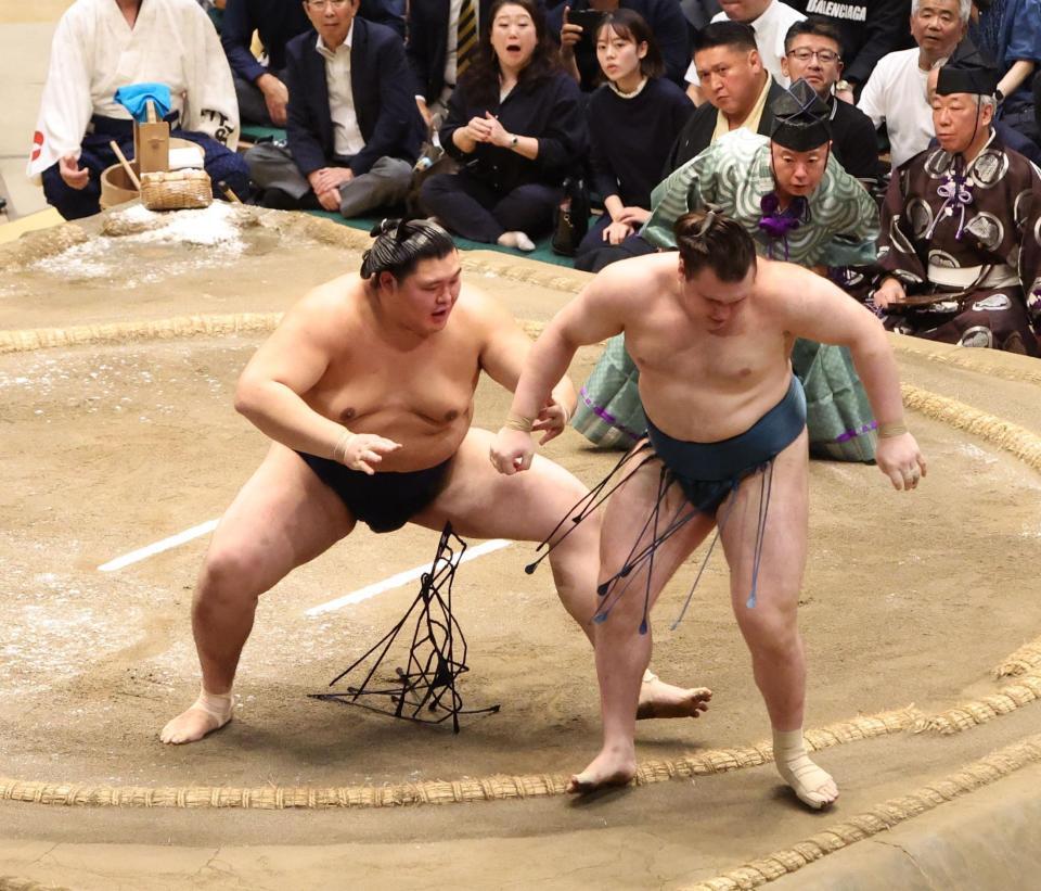 安青錦（右）を突き出しで破る大の里＝両国国技館