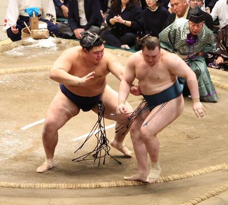 大の里（左）に突き出しで敗れた安青錦