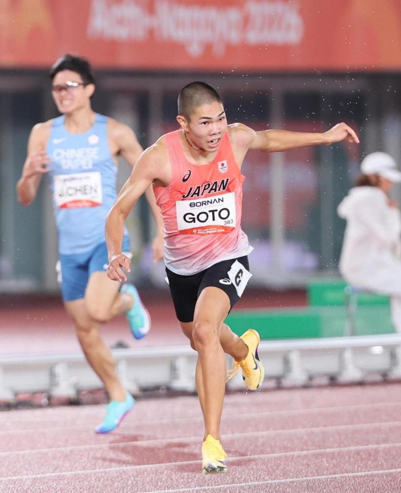 男子４００メートル障害決勝　２位でゴールする後藤大樹