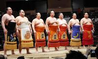 土俵入りを行った（左から）金峰山、一意、翔猿、元英乃海の岩崎拓也氏、元紫雷の芝匠氏、宇良、美ノ海